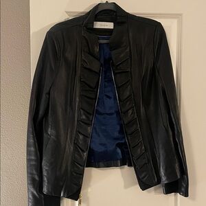 T Tahari Black Leather Jacket with Ruffle Detail